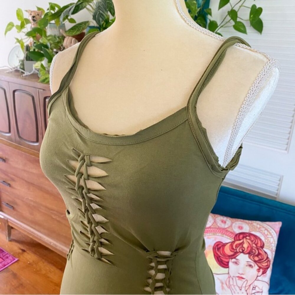 Urban Outfitters UO Slit Cut Out Macrame Mini Dress Olive Army Green New Medium - Picture 6 of 16